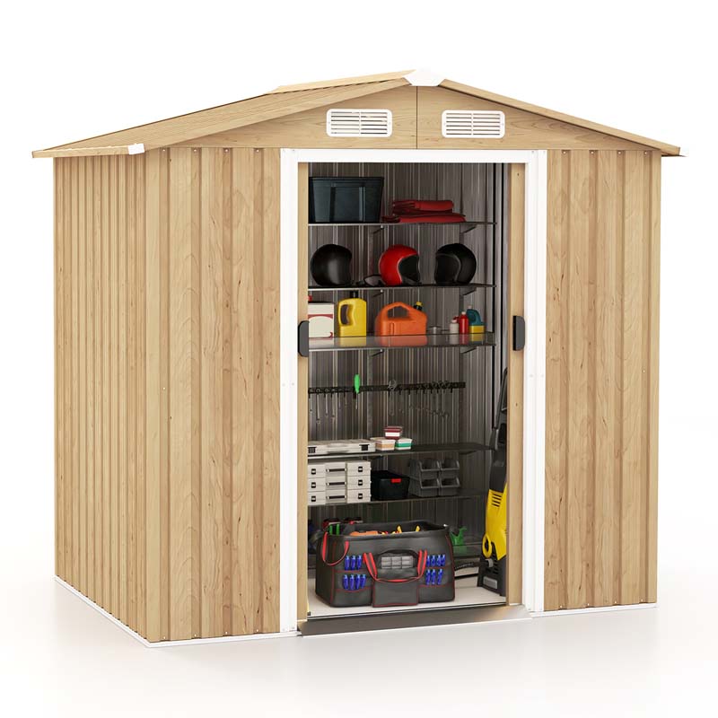 8' x 6' Woodgrain Metal Storage Shed Outdoor Waterproof Garden Shed Tool House Organizer w/Base Floor, 4 Vents, Lockable Doors