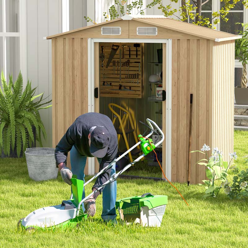 8' x 6' Woodgrain Metal Storage Shed Outdoor Waterproof Garden Shed Tool House Organizer w/Base Floor, 4 Vents, Lockable Doors