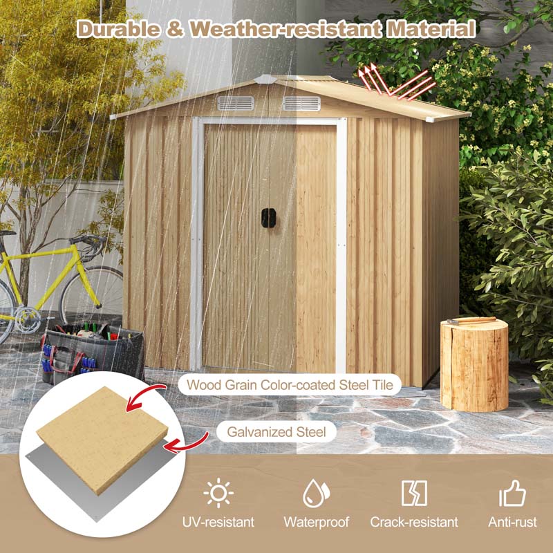 8' x 6' Woodgrain Metal Storage Shed Outdoor Waterproof Garden Shed Tool House Organizer w/Base Floor, 4 Vents, Lockable Doors