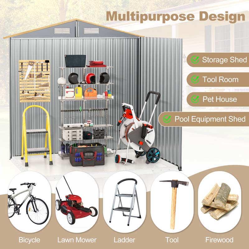 8' x 6' Woodgrain Metal Storage Shed Outdoor Waterproof Garden Shed Tool House Organizer w/Base Floor, 4 Vents, Lockable Doors