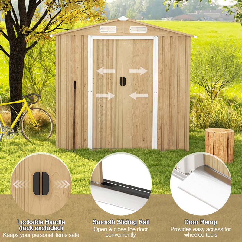 8' x 6' Woodgrain Metal Storage Shed Outdoor Waterproof Garden Shed Tool House Organizer w/Base Floor, 4 Vents, Lockable Doors