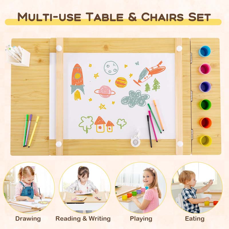 2-in-1 Wood Kids Art Table & Easel Set with 2 Chairs, 6 Storage Bins, Paper Roller, Paint Cups, Toddler Crafts Activity Table Chair Set