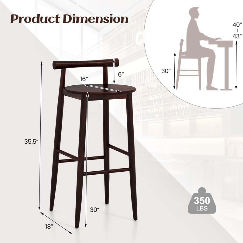Acacia Wood Bar Stools Set of 2, 35"H Bar Height Kitchen Island Chairs with Back & Footrest, 350lb Capacity for Home Restaurant Cafe