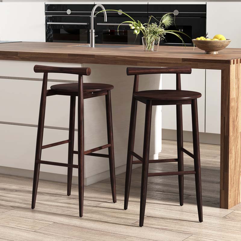 Acacia Wood Bar Stools Set of 2, 35"H Bar Height Kitchen Island Chairs with Back & Footrest, 350lb Capacity for Home Restaurant Cafe