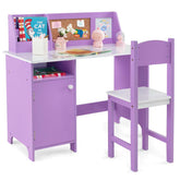 Kids Desk & Chair Set, Wooden Children Study Table w/Storage Hutch, Whiteboard & Cork Board, Student Computer Workstation for Bedroom School