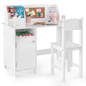 Kids Desk and Chair Set with Whiteboard, Hutch, Cabinet, Wooden Children Study Table Chair, Student Computer Workstation Writing Desk for Bedroom