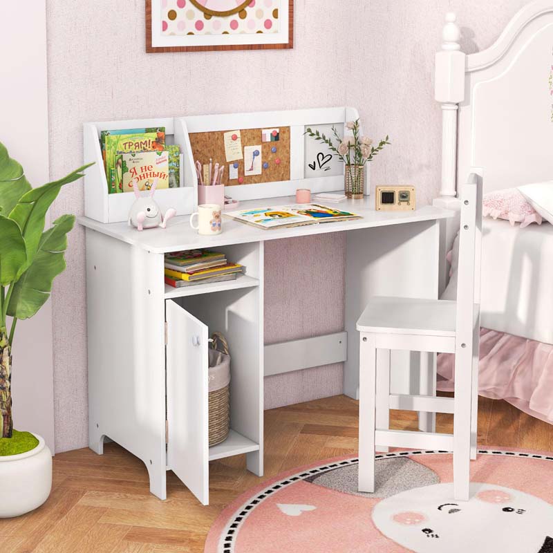 Kids Desk and Chair Set with Whiteboard, Hutch, Cabinet, Wooden Children Study Table Chair, Student Computer Workstation Writing Desk for Bedroom