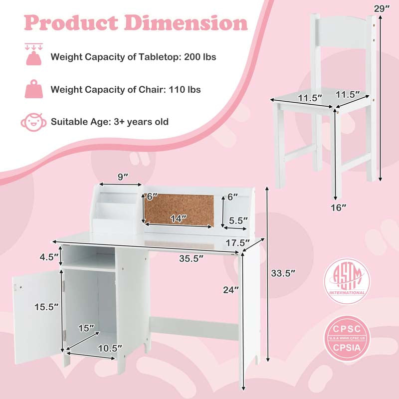 Kids Desk and Chair Set with Whiteboard, Hutch, Cabinet, Wooden Children Study Table Chair, Student Computer Workstation Writing Desk for Bedroom