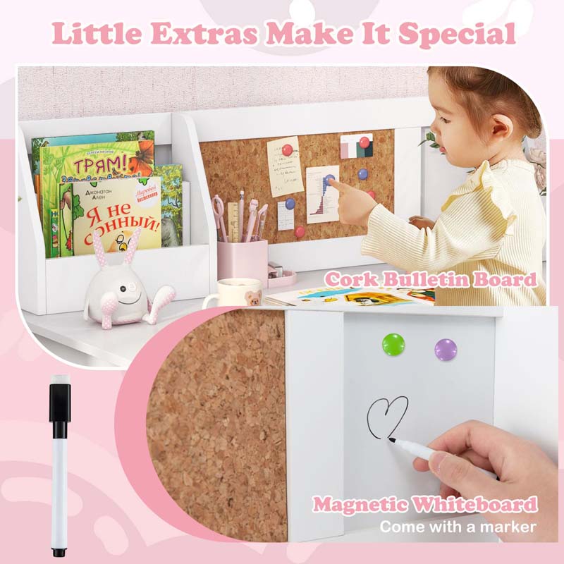 Kids Desk & Chair Set, Wooden Children Study Table w/Storage Hutch, Whiteboard & Cork Board, Student Computer Workstation for Bedroom School