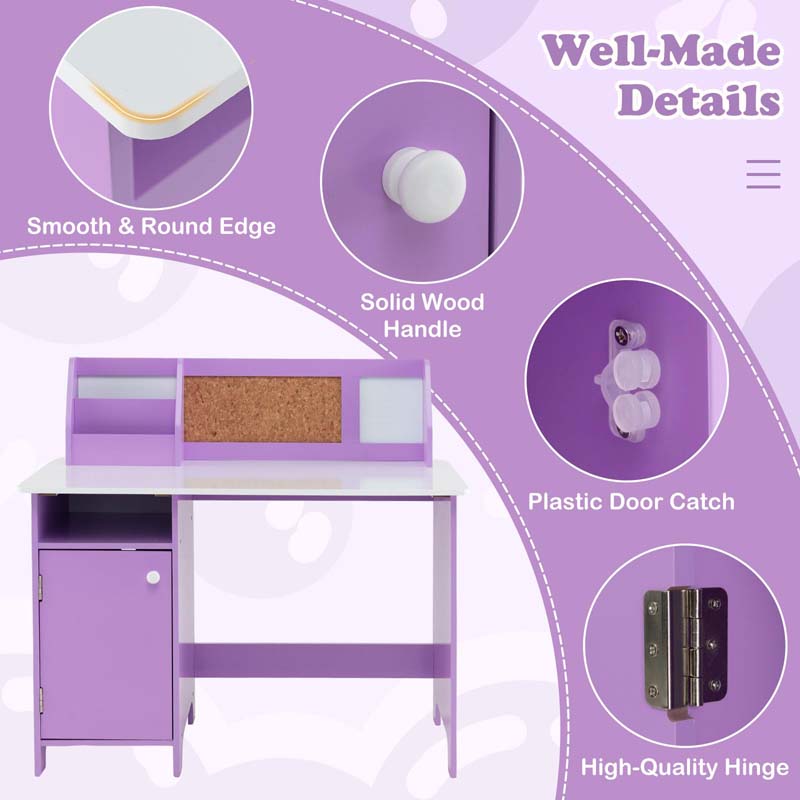 Kids Desk and Chair Set with Whiteboard, Hutch, Cabinet, Wooden Children Study Table Chair, Student Computer Workstation Writing Desk for Bedroom