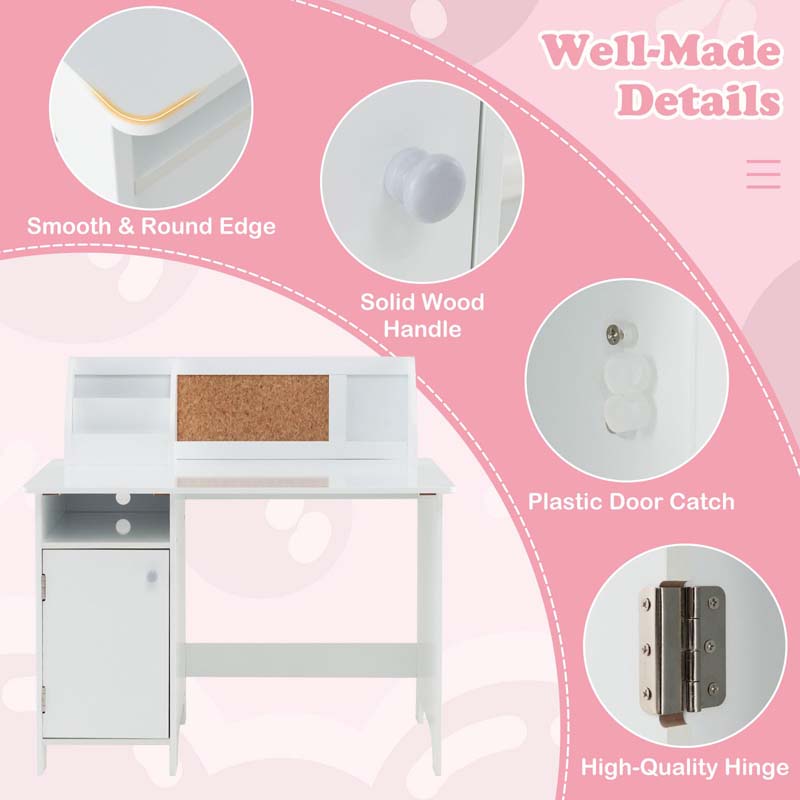 Kids Desk & Chair Set, Wooden Children Study Table w/Storage Hutch, Whiteboard & Cork Board, Student Computer Workstation for Bedroom School
