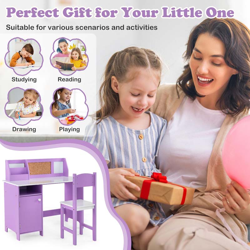 Kids Desk & Chair Set, Wooden Children Study Table w/Storage Hutch, Whiteboard & Cork Board, Student Computer Workstation for Bedroom School