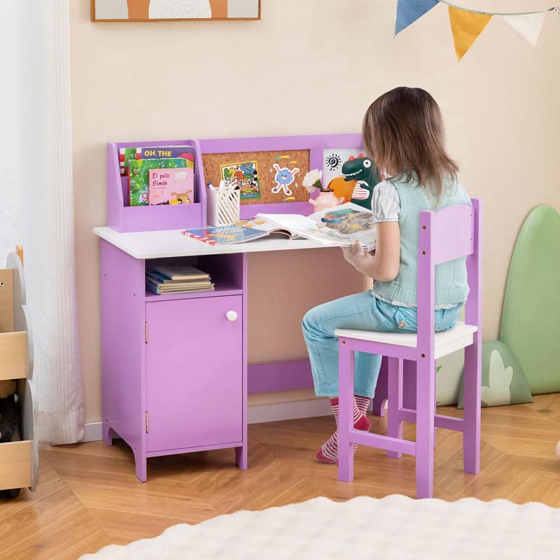 Kids Desk and Chair Set with Whiteboard, Hutch, Cabinet, Wooden Children Study Table Chair, Student Computer Workstation Writing Desk for Bedroom