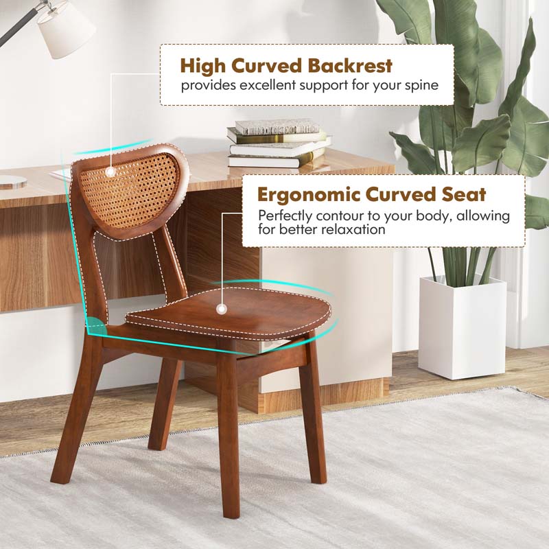Farmhouse Style Solid Rubber Wooden Dining Chairs with Breathable Rattan Woven Backrest