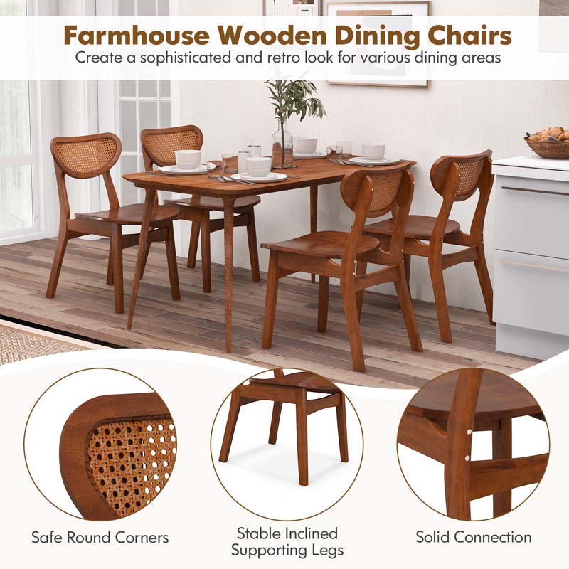 Farmhouse Style Solid Rubber Wooden Dining Chairs with Breathable Rattan Woven Backrest