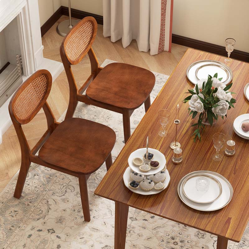 Farmhouse Style Solid Rubber Wooden Dining Chairs with Breathable Rattan Woven Backrest