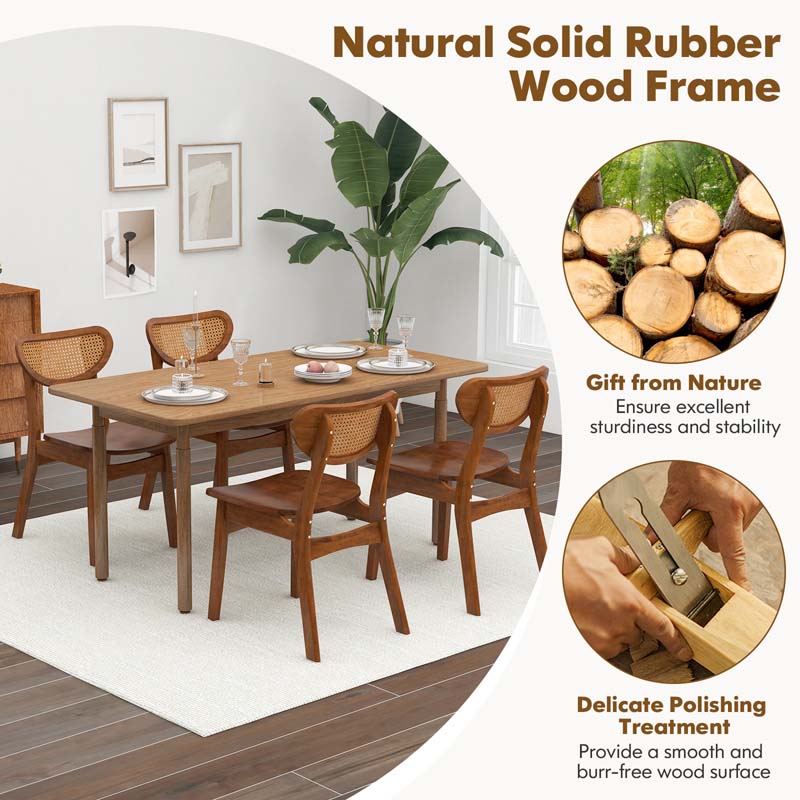 Farmhouse Style Solid Rubber Wooden Dining Chairs with Breathable Rattan Woven Backrest
