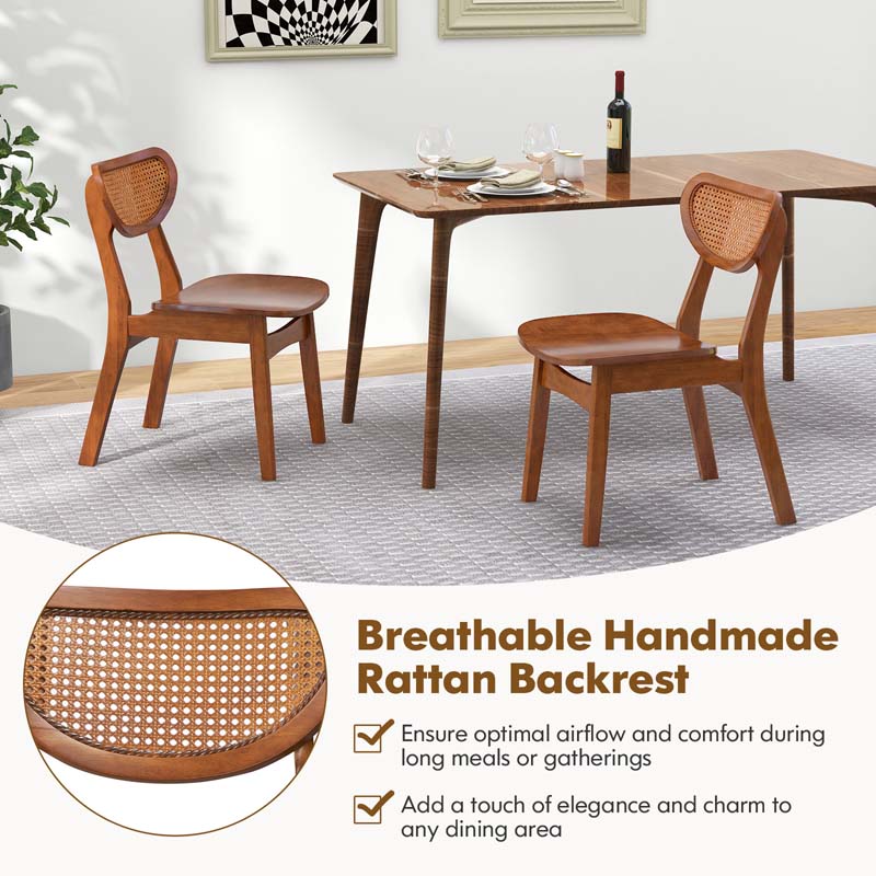 Farmhouse Style Solid Rubber Wooden Dining Chairs with Breathable Rattan Woven Backrest