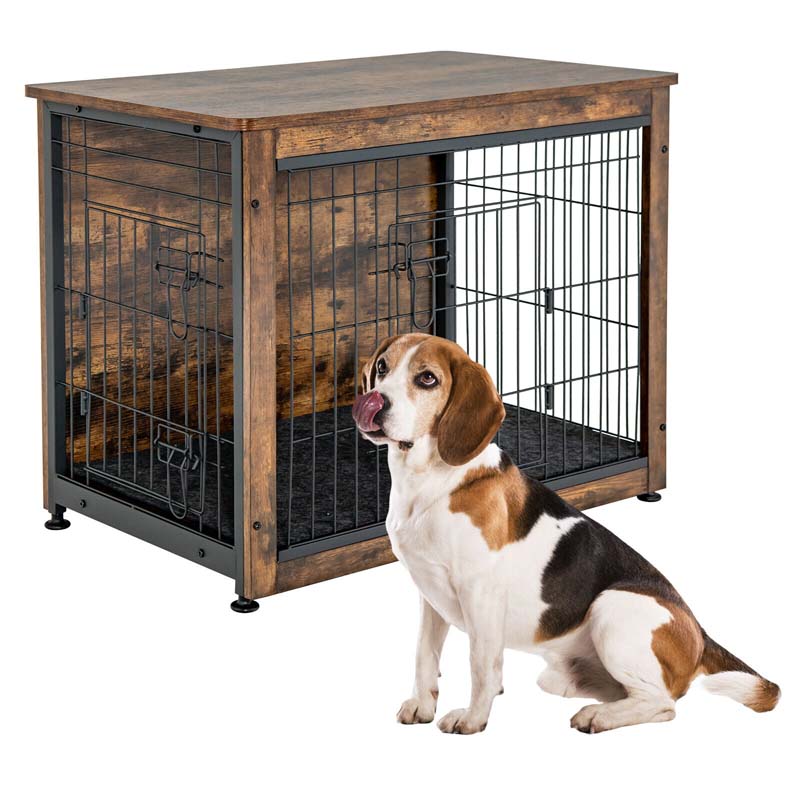Rustic Brown Wooden Dog Crate Furniture with Tray & Double Door, Indoor Dog Kennel Cage for Small & Medium Dogs
