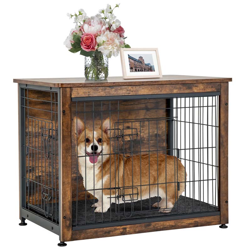 Rustic Brown Wooden Dog Crate Furniture with Tray & Double Door, Indoor Dog Kennel Cage for Small & Medium Dogs