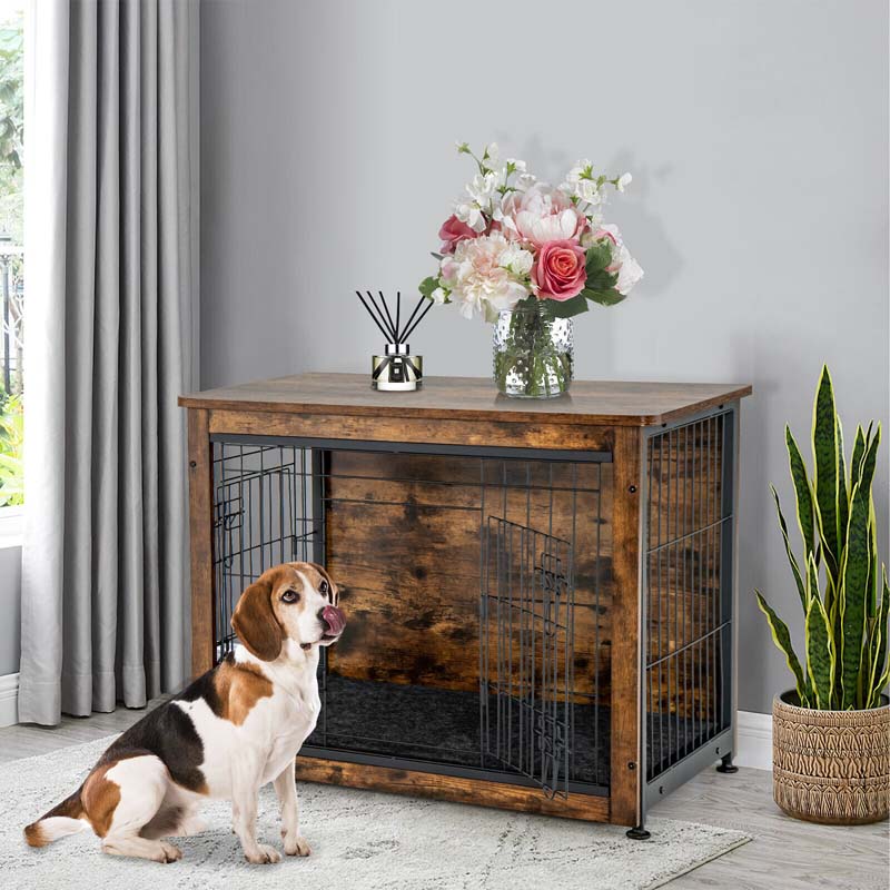 Rustic Brown Wooden Dog Crate Furniture with Tray & Double Door, Indoor Dog Kennel Cage for Small & Medium Dogs