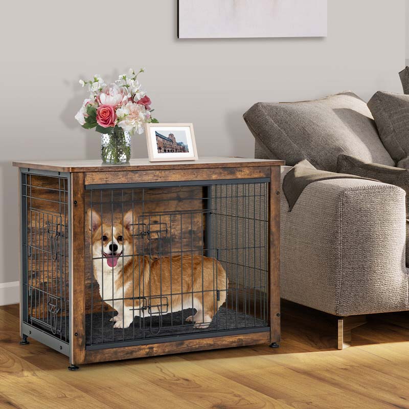 Rustic Brown Wooden Dog Crate Furniture with Tray & Double Door, Indoor Dog Kennel Cage for Small & Medium Dogs
