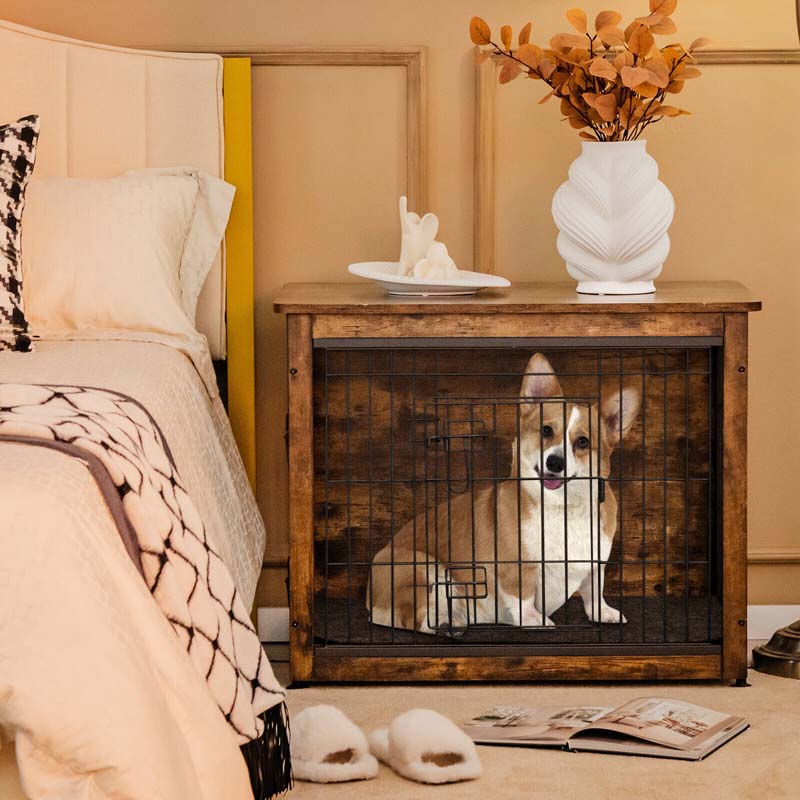 Rustic Brown Wooden Dog Crate Furniture with Tray & Double Door, Indoor Dog Kennel Cage for Small & Medium Dogs