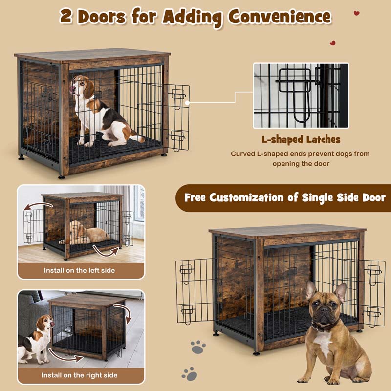 Rustic Brown Wooden Dog Crate Furniture with Tray & Double Door, Indoor Dog Kennel Cage for Small & Medium Dogs