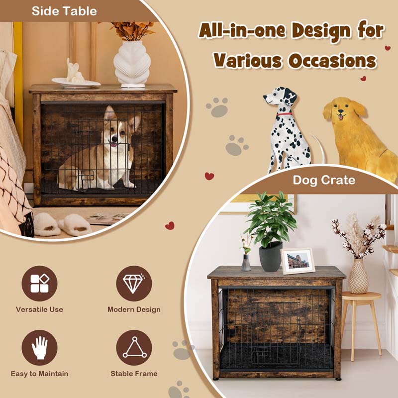 Rustic Brown Wooden Dog Crate Furniture with Tray & Double Door, Indoor Dog Kennel Cage for Small & Medium Dogs