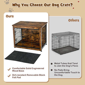 Rustic Brown Wooden Dog Crate Furniture with Tray & Double Door, Indoor Dog Kennel Cage for Small & Medium Dogs