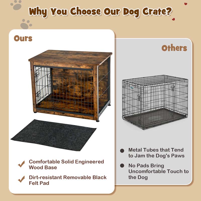 Rustic Brown Wooden Dog Crate Furniture with Tray & Double Door, Indoor Dog Kennel Cage for Small & Medium Dogs