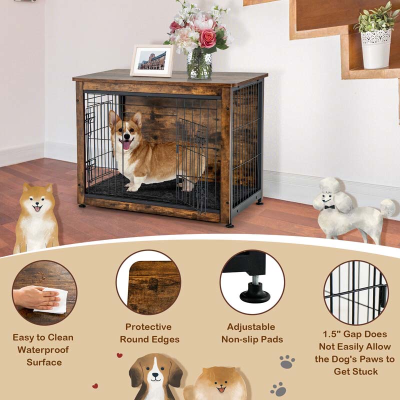 Rustic Brown Wooden Dog Crate Furniture with Tray & Double Door, Indoor Dog Kennel Cage for Small & Medium Dogs