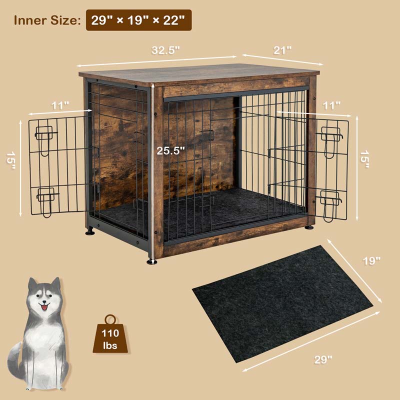 Rustic Brown Wooden Dog Crate Furniture with Tray & Double Door, Indoor Dog Kennel Cage for Small & Medium Dogs