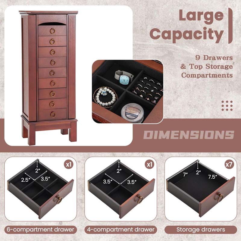 Walnut Standing Jewelry Armoire Cabinet, Large Wooden Jewelry Storage Chest with 9 Drawers, 2 Side Doors, 8 Hooks, Top Flip Mirror & Organizer