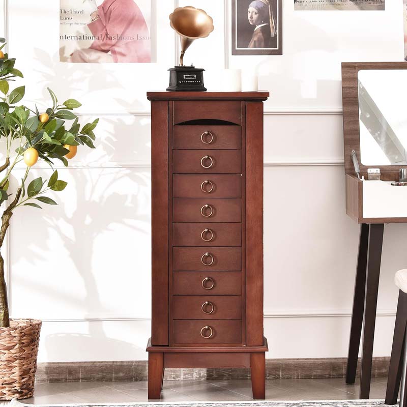 Walnut Standing Jewelry Armoire Cabinet, Large Wooden Jewelry Storage Chest with 9 Drawers, 2 Side Doors, 8 Hooks, Top Flip Mirror & Organizer