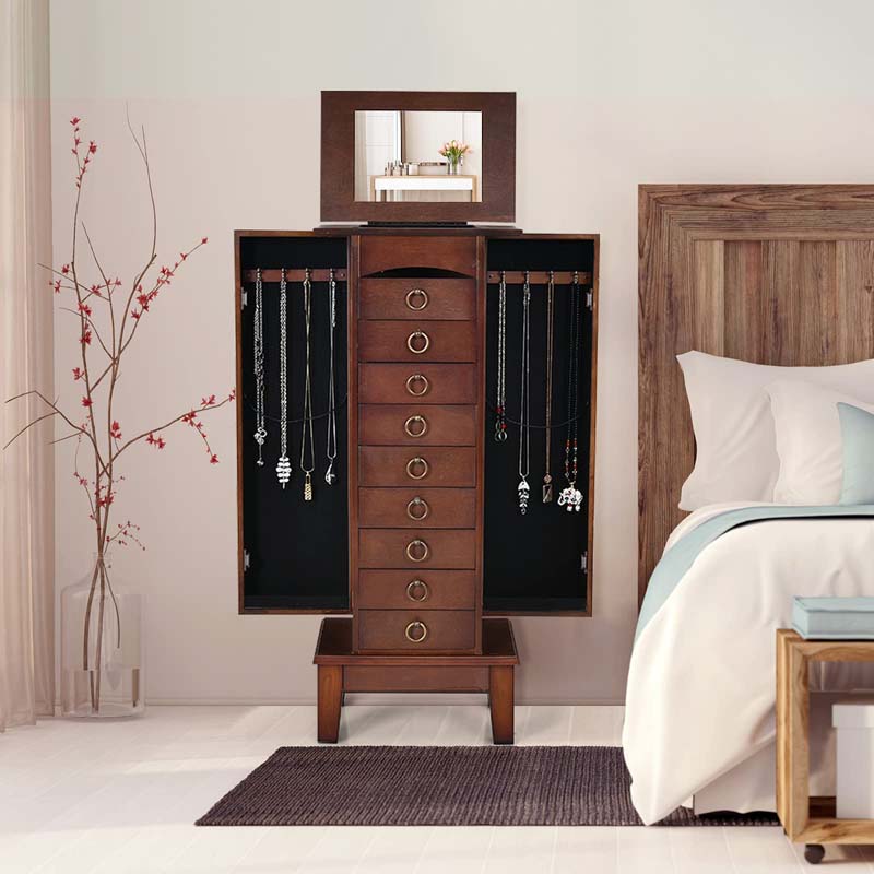 Walnut Standing Jewelry Armoire Cabinet, Large Wooden Jewelry Storage Chest with 9 Drawers, 2 Side Doors, 8 Hooks, Top Flip Mirror & Organizer