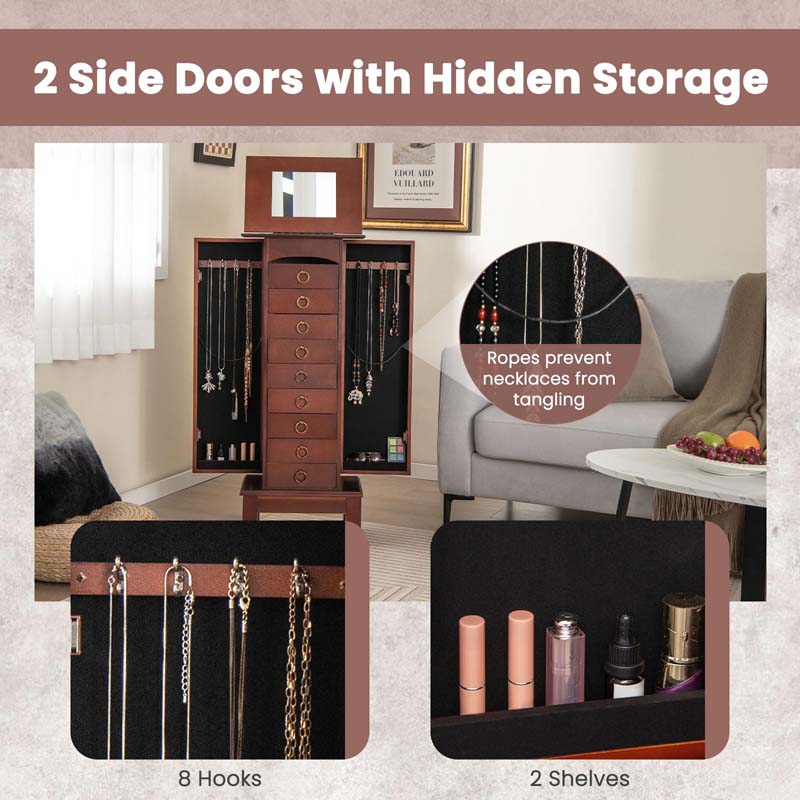 Walnut Standing Jewelry Armoire Cabinet, Large Wooden Jewelry Storage Chest with 9 Drawers, 2 Side Doors, 8 Hooks, Top Flip Mirror & Organizer