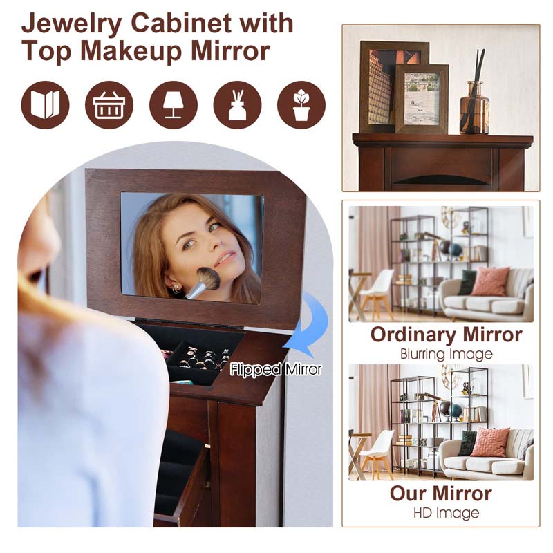 Walnut Standing Jewelry Armoire Cabinet, Large Wooden Jewelry Storage Chest with 9 Drawers, 2 Side Doors, 8 Hooks, Top Flip Mirror & Organizer