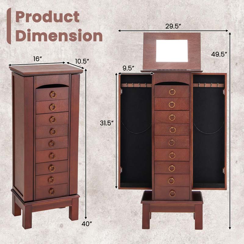 Walnut Standing Jewelry Armoire Cabinet, Large Wooden Jewelry Storage Chest with 9 Drawers, 2 Side Doors, 8 Hooks, Top Flip Mirror & Organizer