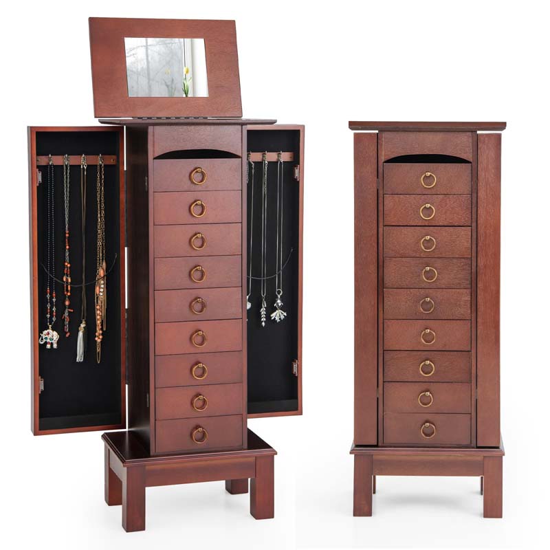 Walnut Standing Jewelry Armoire Cabinet, Large Wooden Jewelry Storage Chest with 9 Drawers, 2 Side Doors, 8 Hooks, Top Flip Mirror & Organizer
