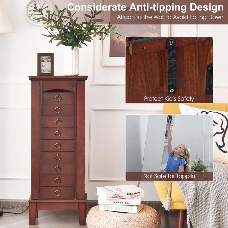 Walnut Standing Jewelry Armoire Cabinet, Large Wooden Jewelry Storage Chest with 9 Drawers, 2 Side Doors, 8 Hooks, Top Flip Mirror & Organizer