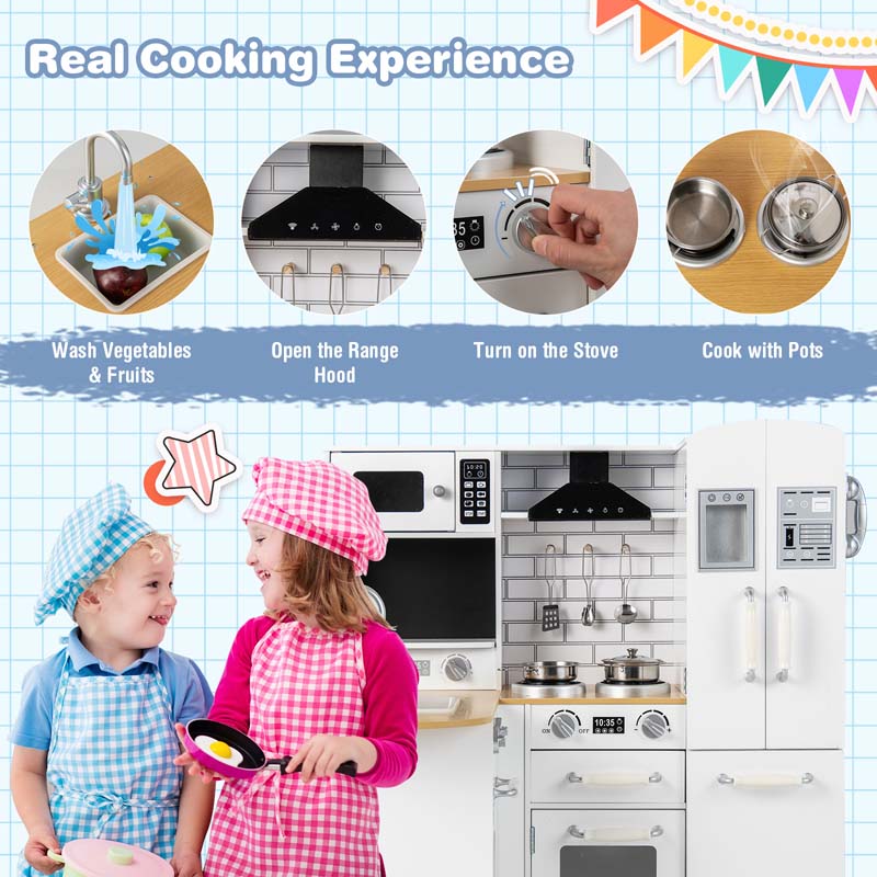 11-in-1 Toddler Wooden Play Kitchen Toy Set, Kids Corner Kitchen Playset with Realistic Washing Machine, Microwave, Stove, Sink