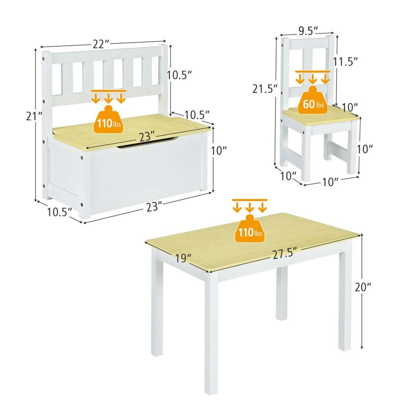 2 in 1 Kids Table and Chair Set, Wooden Children Activity Table with Toy Storage Bench & 2 Chairs for Arts, Crafts, Snack Time, Playroom