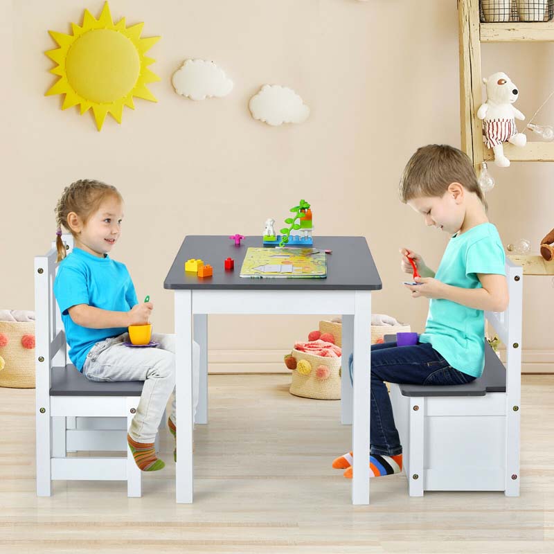2 in 1 Kids Table and Chair Set, Wooden Children Activity Table with Toy Storage Bench & 2 Chairs for Arts, Crafts, Snack Time, Playroom
