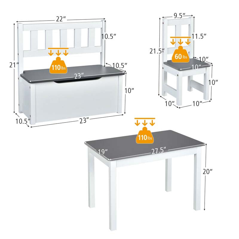 2 in 1 Kids Table and Chair Set, Wooden Children Activity Table with Toy Storage Bench & 2 Chairs for Arts, Crafts, Snack Time, Playroom