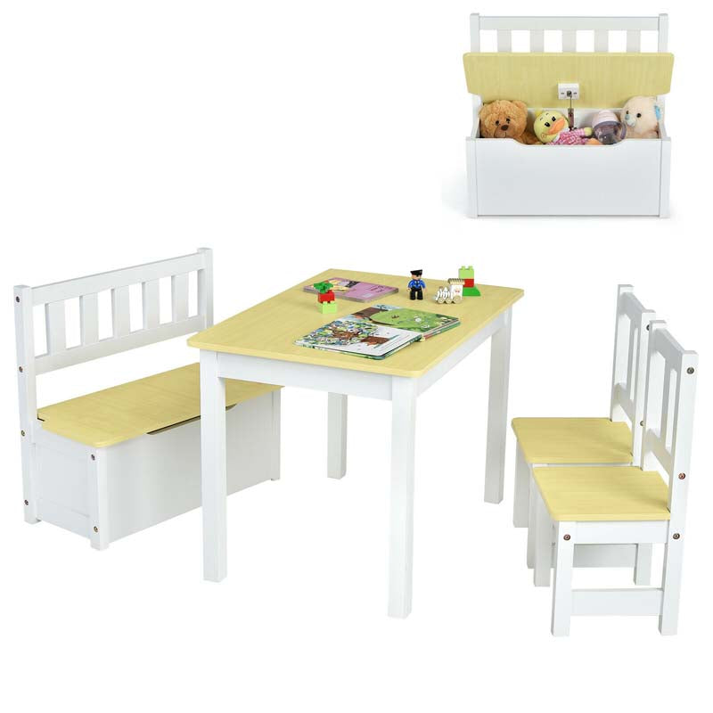 2 in 1 Kids Table and Chair Set, Wooden Children Activity Table with Toy Storage Bench & 2 Chairs for Arts, Crafts, Snack Time, Playroom