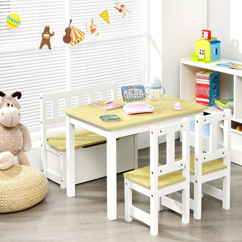 2 in 1 Kids Table and Chair Set, Wooden Children Activity Table with Toy Storage Bench & 2 Chairs for Arts, Crafts, Snack Time, Playroom