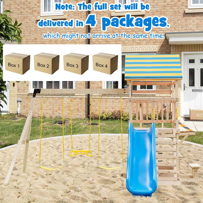 All Solid Fir Outdoor Playground Center for Kids, Backyard Wooden Swing Set with Wave Slide, Monkey Bars, Climbing Wall, Sandbox, Picnic Table