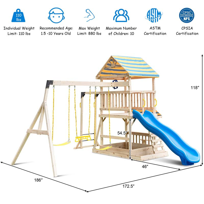 All Solid Fir Outdoor Playground Center for Kids, Backyard Wooden Swing Set with Wave Slide, Monkey Bars, Climbing Wall, Sandbox, Picnic Table