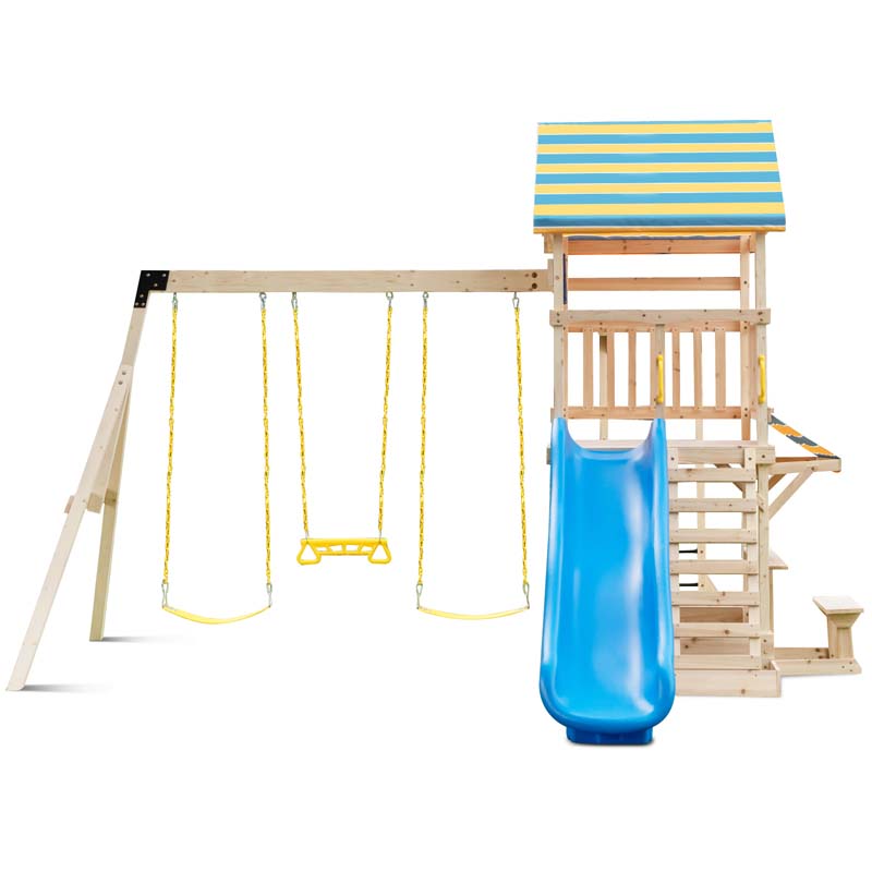 All Solid Fir Outdoor Playground Center for Kids, Backyard Wooden Swing Set with Wave Slide, Monkey Bars, Climbing Wall, Sandbox, Picnic Table